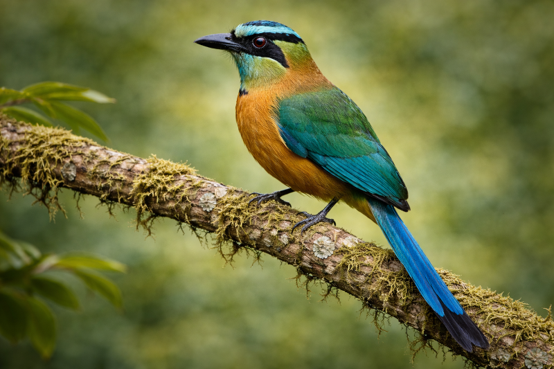 Imagem do Blog das Aves de um Udu-de coroa-azul em tronco de árvore com musgo.