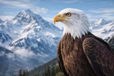 Águia-de-cabeça-branca (Haliaeetus leucocephalus) com plumagem marrom ao fundo montanhas nevadas.