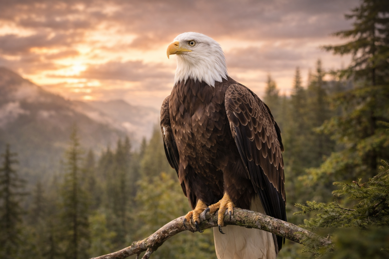 Águia-de-cabeça-branca (Haliaeetus leucocephalus) com plumagem marrom em pouso no galho.