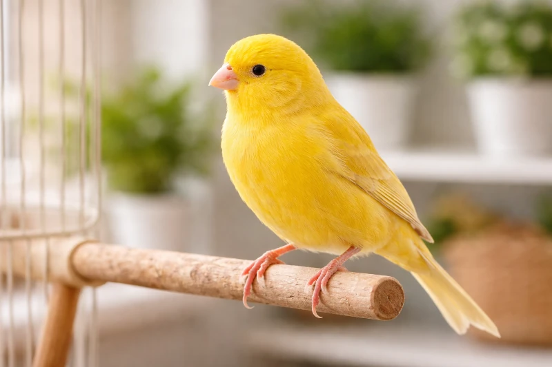 Canário doméstico (Serinus canaria domestica) com plumagem amarelo pousado no poleiro.