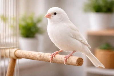 Canário doméstico (Serinus canaria domestica) com bico chumbo e plumagem branco intenso pousado no poleiro.