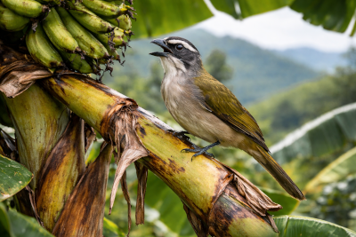 Trinca-ferro-verdadeiro (Saltator similis) pousado em pé de bananeira em ambiente natural