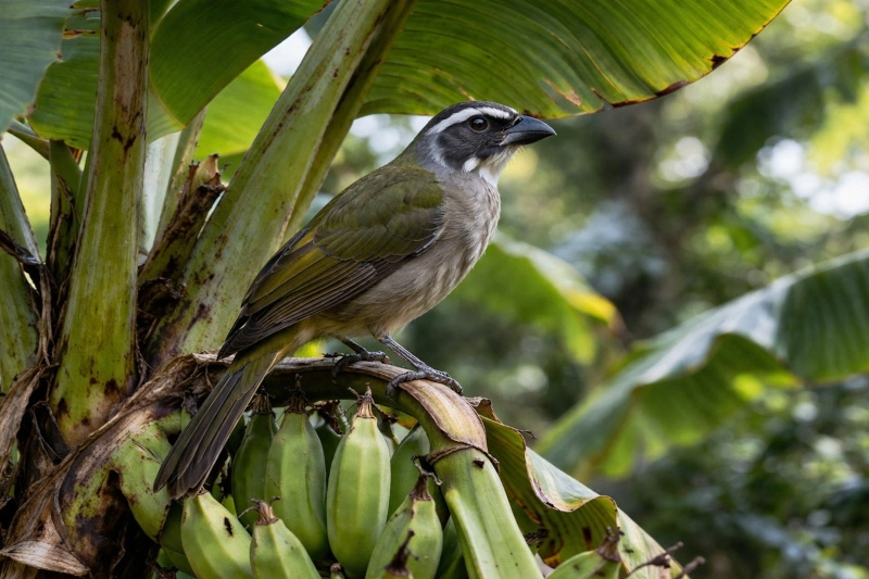 Trinca-ferro-verdadeiro (Saltator similis) pousado em pé de bananeira em ambiente natural.