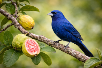 Azulão (Cyanoloxia brissonii) macho na goiabeira, exibindo a intensa plumagem azul e o bico robusto característicos da espécie em ambiente natural brasileiro.