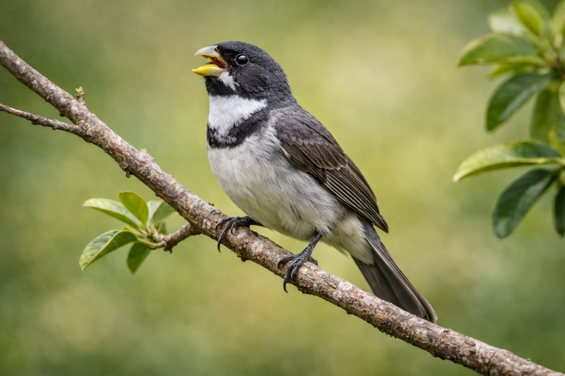 Coleiro (Sporophila caerulescens) macho em um galho na mata, destacando o colar branco, a plumagem cinza e preta e o bico curto característico da espécie.