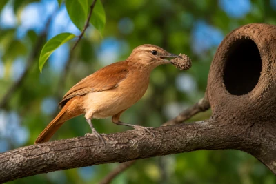 João-de-barro (Furnarius rufus) transportando barro no bico enquanto constrói seu característico ninho de barro sobre um galho em ambiente natural.