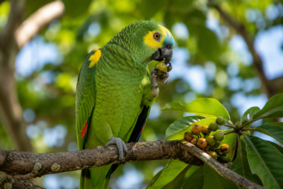 Papagaio-verdadeiro (Amazona aestiva) alimentando-se de frutos em uma árvore no ambiente natural brasileiro, com plumagem verde, testa azulada e manchas amarelas na face.