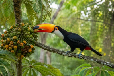 Tucano-toco (Ramphastos toco) alimentando-se de frutos maduros de embaúba em ambiente natural brasileiro, com plumagem detalhada, bico colorido e fundo desfocado.
