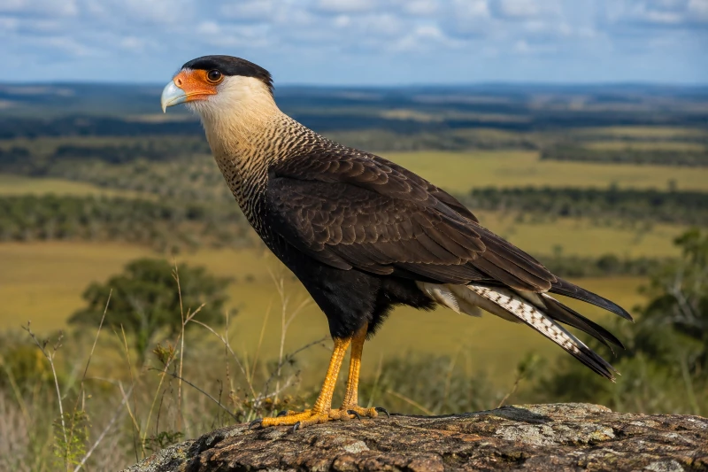 Carcará (Caracara plancus) pousado em ambiente natural brasileiro, observando atentamente a paisagem do Cerrado, com vegetação nativa ao fundo.