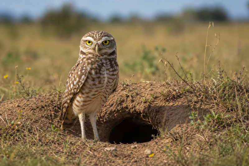 Coruja-buraqueira (Athene cunicularia) em frente à entrada de sua toca em área de campo aberto, observando atentamente o ambiente.