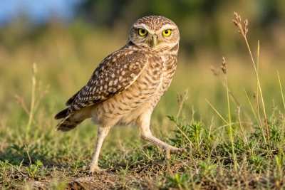 Coruja-buraqueira (Athene cunicularia) caminhando sobre a relva em campo aberto, observando atentamente o ambiente com seus grandes olhos amarelos.